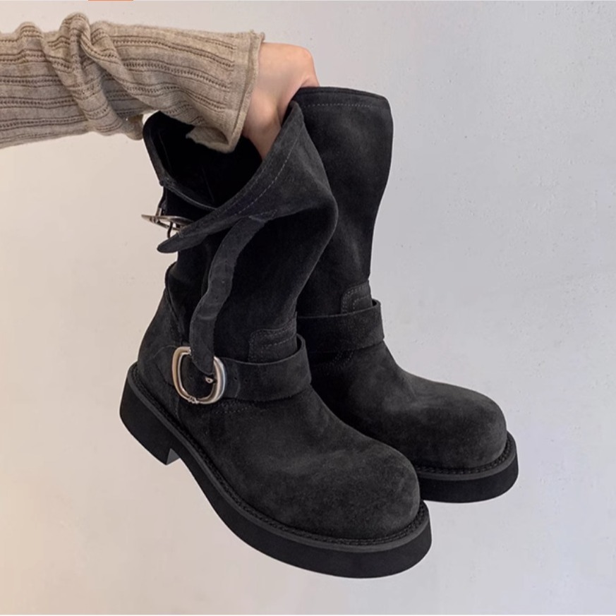 【Grape Mom's Style】Wasteland Dune ~ Ultra Soft Thick-Soled Motorcycle Buckle Strap Short Boots Women's Martin Boots Slouch Boots