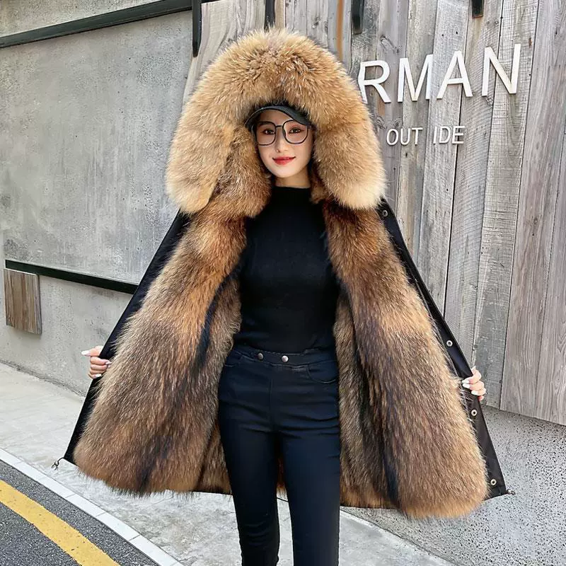 派克服女款内胆可拆卸2024新款冬中长款高端女装仿貉子毛皮草外套