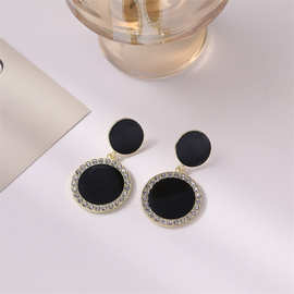韩国S925银针黑色圆圈高级感耳环小众网红气质耳饰女百搭时尚耳钉