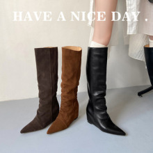 尖头长靴女2025年新款秋季百搭绒面复古时尚时尚不过膝长筒骑士靴