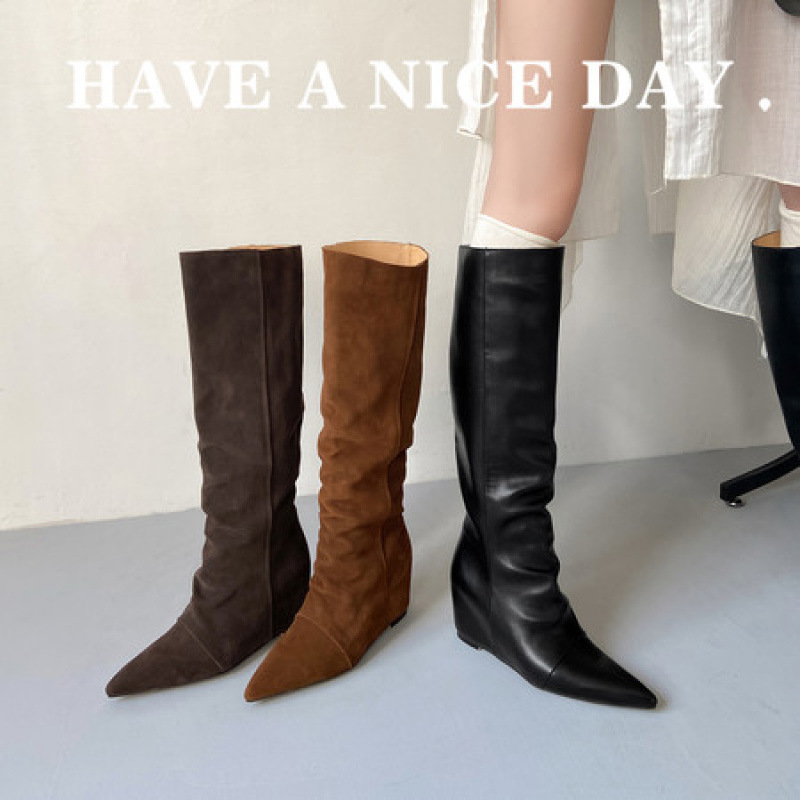 尖头长靴女2025年新款秋季百搭绒面复古时尚时尚不过膝长筒骑士靴