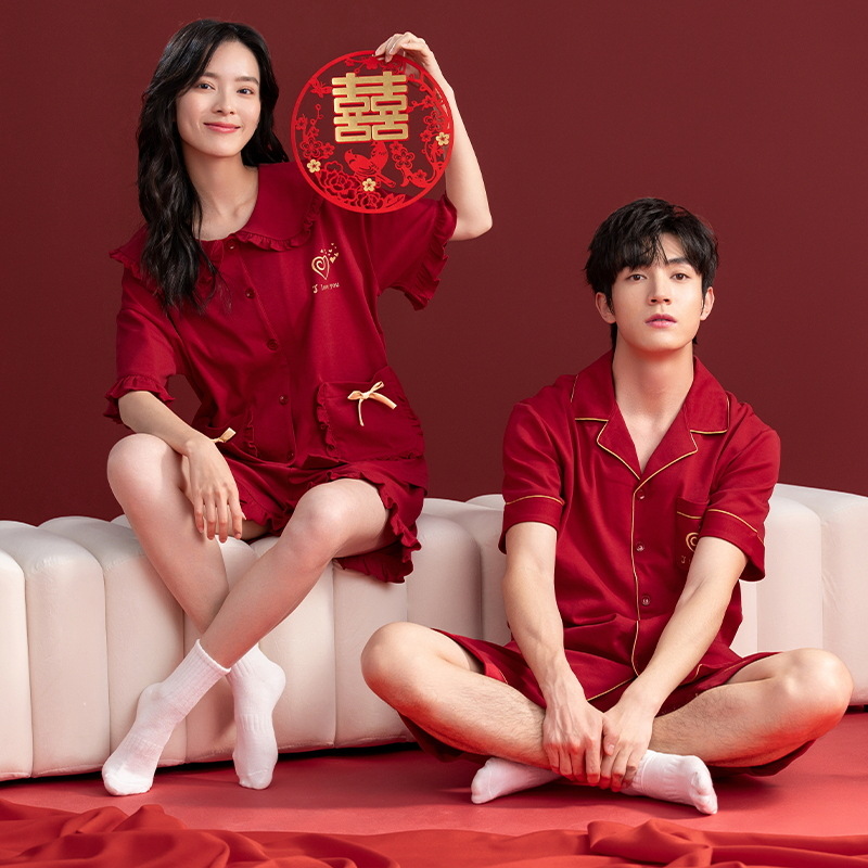 Pijamas para boda y boda traje de pareja Rojo puro algodón hombres y mujeres de manga corta verano amor pareja pijamas verano