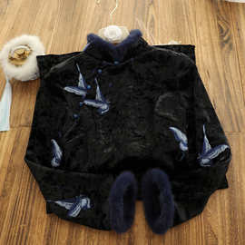 俏娘鱼黑色复古新中式毛绒领旗袍女2025冬装新款保暖改良日常可穿