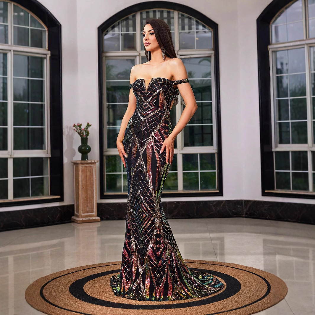 Cross-Border European and American New Women's Prom Evening Dress Slim Sequined One-Shoulder Black Elegant Elegant Party Dress