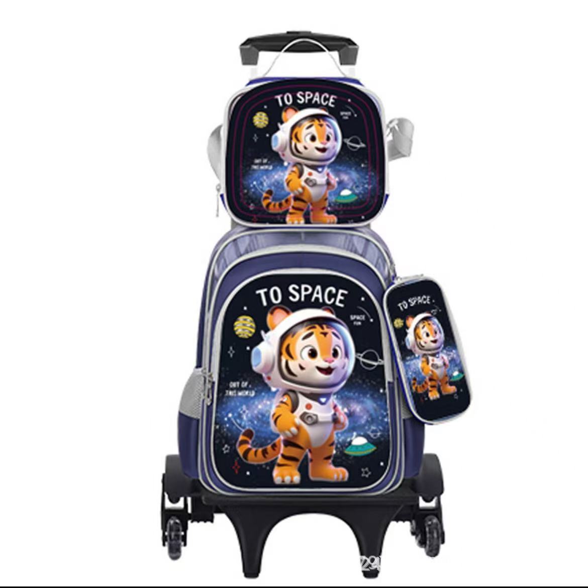 Suministro directo de fábrica, mochila escolar con barra de ruedas para niños, juego de tres piezas, protección de la columna para estudiantes de primaria, reducción de carga, mochila universal de dos ruedas y seis ruedas