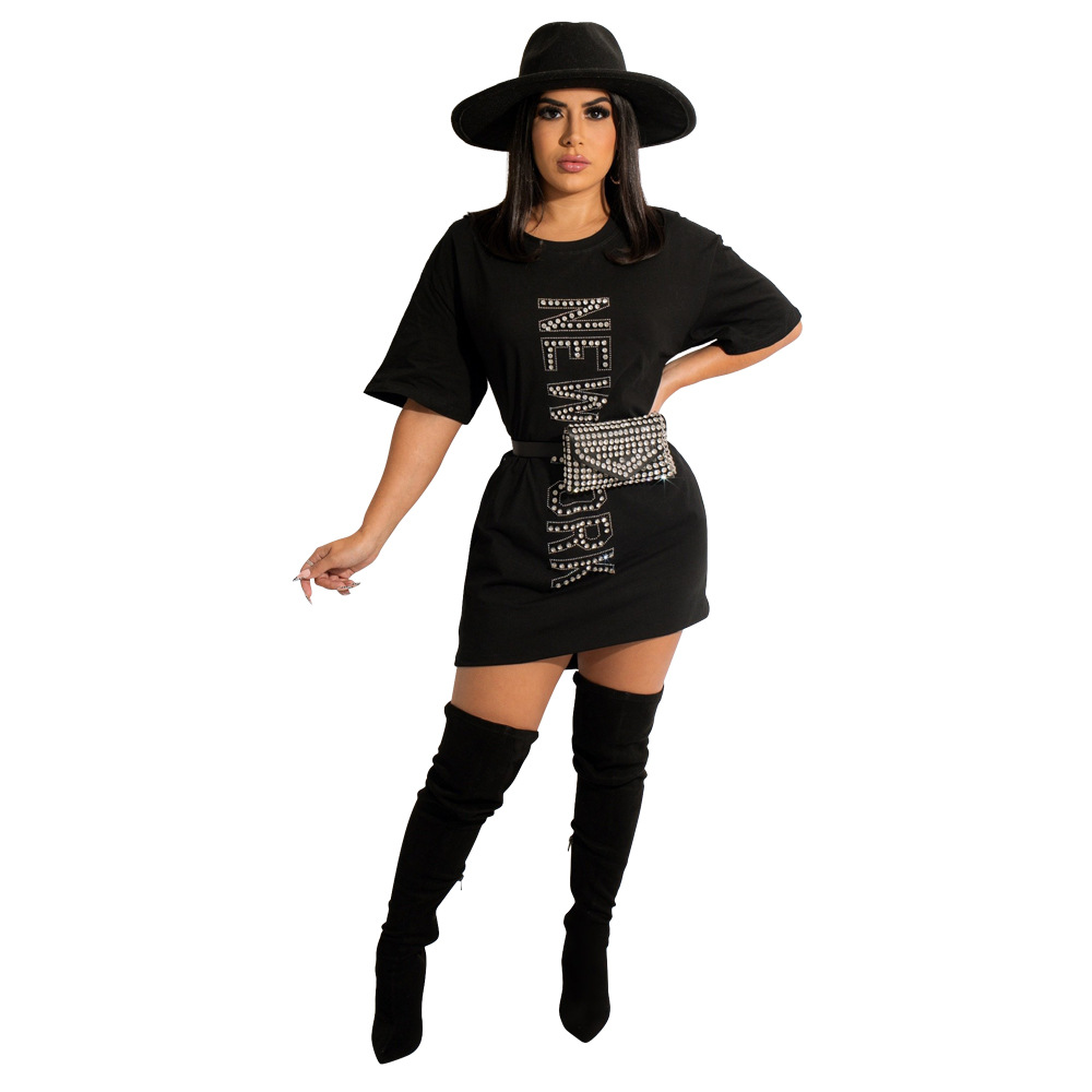 Solid Color Round Neck Hot Drilling Long T-Shirt Dress NSCYF84785