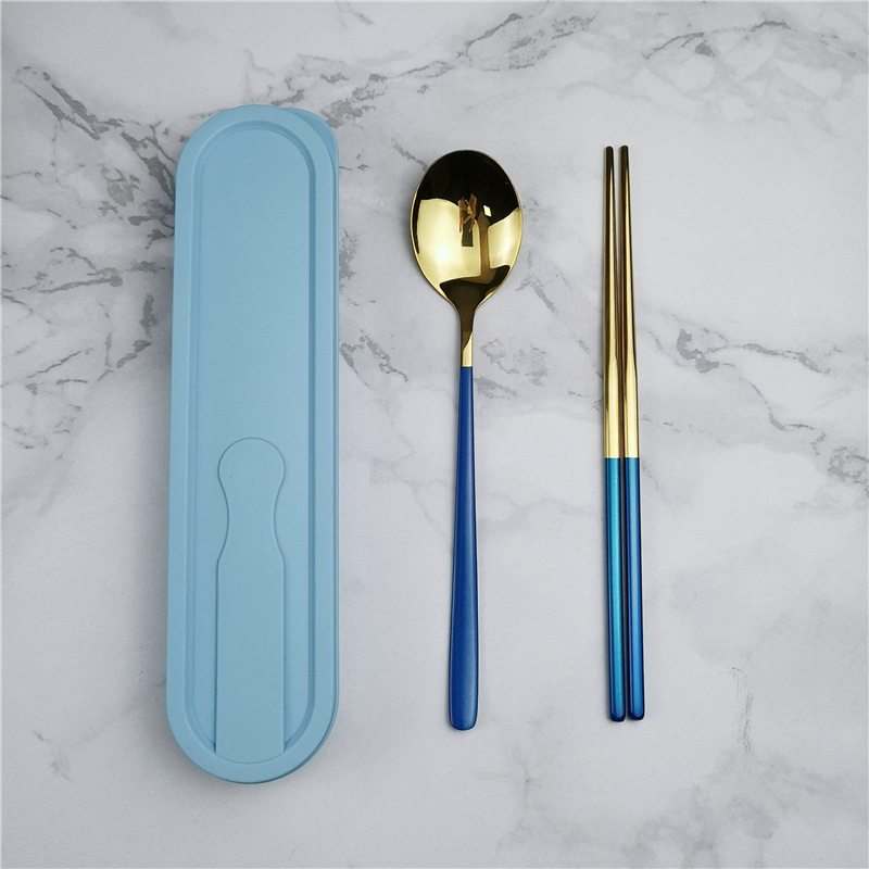 304 de acero inoxidable vajilla estilo coreano palillos conjunto de tres piezas traje portátil estudiante comedor al aire libre logotipo impreso