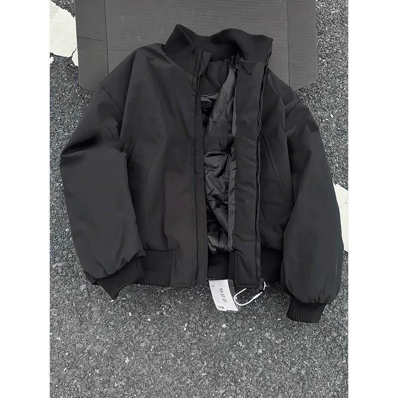 Black Short Silhouette Cotton Jacket for Men, Winter American-Style Stand-Up Collar Baseball Jacket, Pilot Jacket, Thickened Cotton Coat