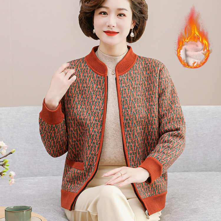 奶奶外套2024秋装新款老年人针织衫女妈妈加绒加厚老婆婆条纹上衣