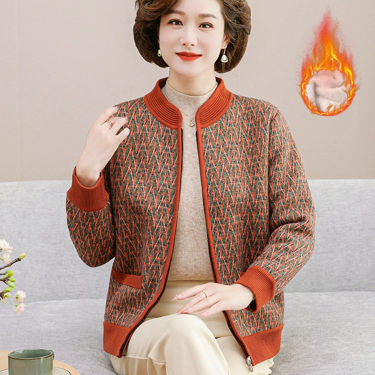 Бабушка куртка 2024 осенний новый старый вязаный свитер женская мама бархатный толстый старуха полосатый топ