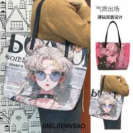 帆布满钻大图案印花女款爆款休闲时尚卡通单肩手提托特包潮流百搭