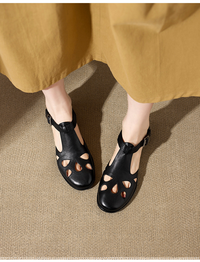 Sandal nữ da bò đục lỗ quai chữ T cổ điển, mũi kín gót bệt — màu nâu chi tiết 14