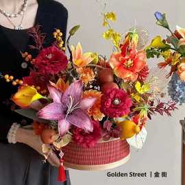 中式竹编手提花篮方圆国风花盒喜庆花束抱抱桶祝福鲜花礼盒包装袋