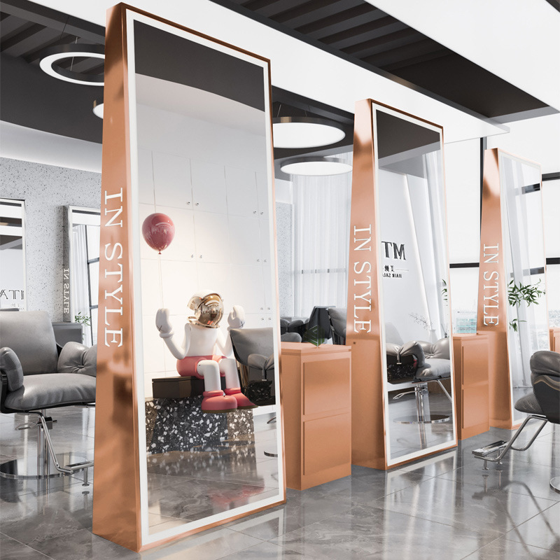 Barbería espejo salón especial espejo barbería piso corte de pelo red rojo doble cara con lámpara contra la pared escaldado espejo de marea