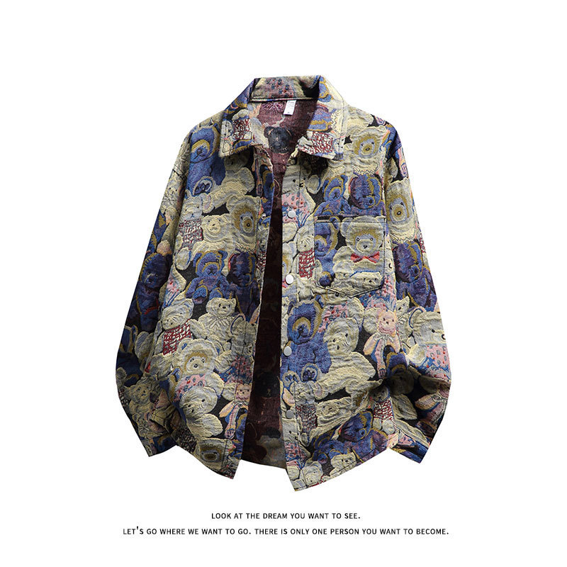 Designed Bear Jacquard Denim Jacket Autum High-End Trendyy Loose Swallowtail Yarn-Dyed Casual Lapel Jacket