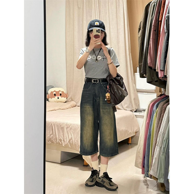 七分牛仔裤女夏季复古阔腿中裤2025年宽松直筒高腰显瘦美式大码子