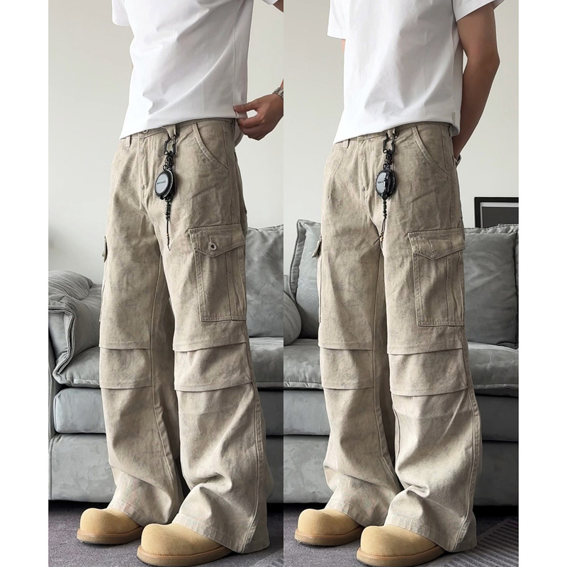 [Marble Paratrooper] cleanfit Straight Loose Pleated Washing Water Old Retro American Casual Pants Tooling