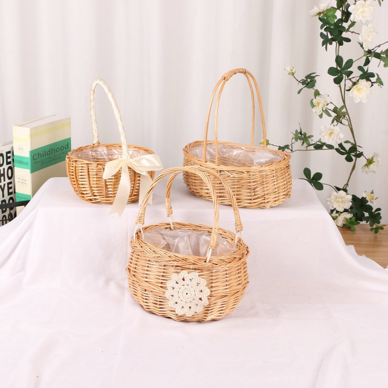 Encaje Mini encaje princesa cesta sauce Vine hierba olla tejida verde rosa flor niños foto cesta mano regalo cesta de flores de mano