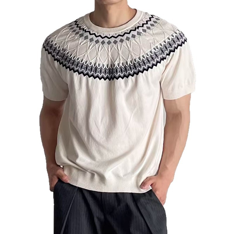 Isla de Fair camiseta de punto de manga corta camiseta de cuello redondo jacquard hombre viejo estilo casual hielo de verano fábrica transfronteriza mayorista
