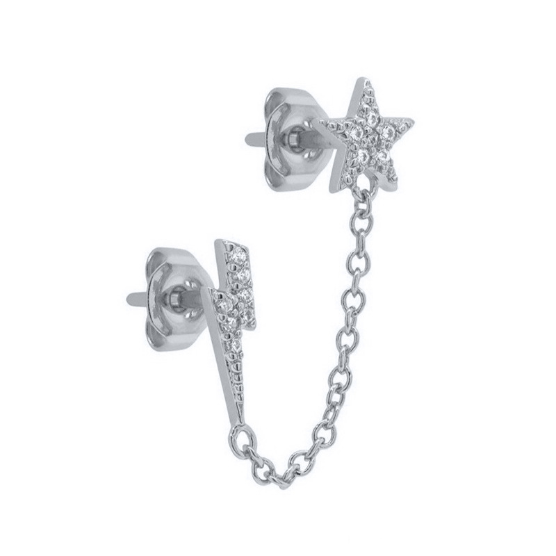 S925 Silver Needle Star Lightning Diamond Chain Double Pierced Earrings display picture 2