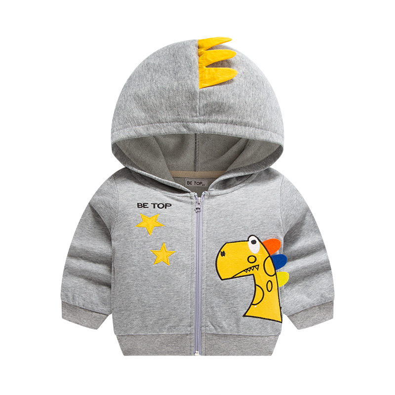 Abrigo de otoño para niños superior 2024 camisa de cremallera de bebé de algodón puro con capucha de dinosaurio de dibujos animados para niños nuevos