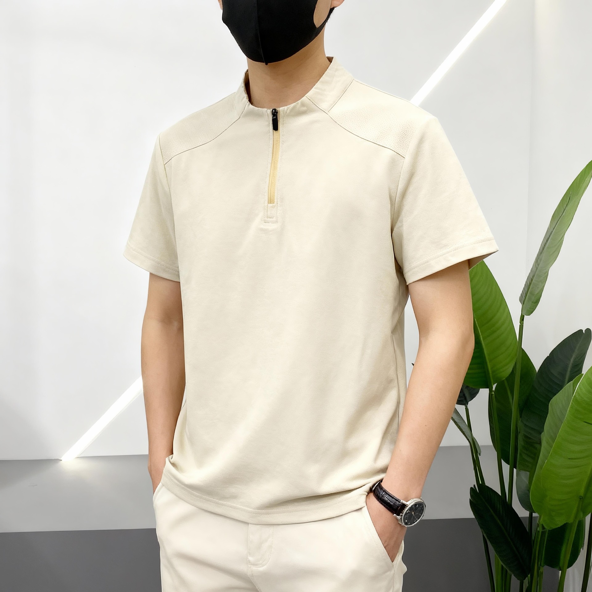 Transfronterizos al aire libre para hombres secado rápido camiseta de manga corta para hombres 2026 verano delgado cuello medio cremallera camiseta casual transpirable