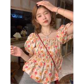 【原版做工】法式方领油画碎花泡泡袖衬衫女夏别致漂亮褶皱收腰上