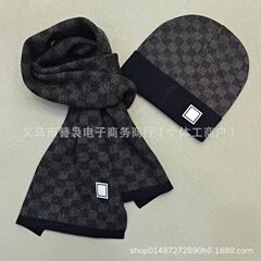 国境を越えたホットセールの欧米風男性ウール帽子マフラー2点セット白黒将棋皿ニット保温マフラー