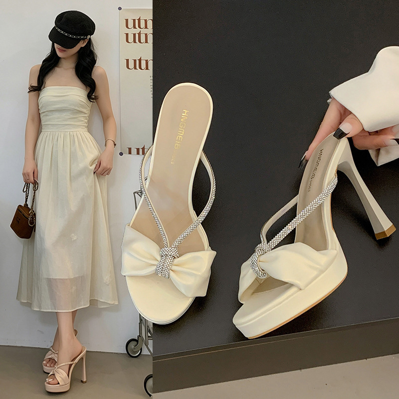 Chain-Strap Slip-On Party Shoes~ Round-Toe Bowknot Thick-Soled Summer Satin Rhinestone Super High Heel Slip-Ons Chain-Strap Slip-On Party Shoes~ Round-Toe Bowknot Thick-Soled Summer Satin Rhinestone Super High Heel Slip-Ons