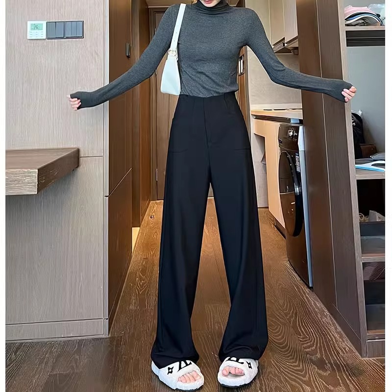Pantalones negros de piernas anchas de mujer cintura alta sensación delgada alta sensación de pantalones de trajes casuales pantalones estrechos de primavera y otoño