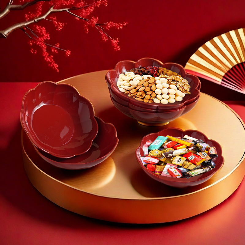 Fruit Plate for Home Use, Festive Red Dried Fruit Plate, Flat-Bottomed Fruit Tray, Living Room Coffee Table Wedding Engagement Candy Plate Tray
