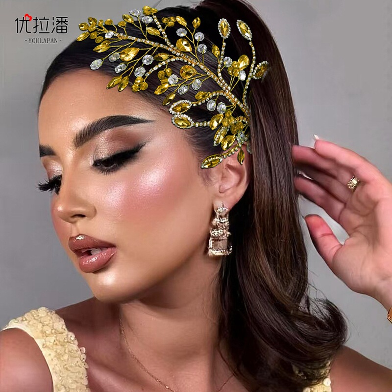 Youlapan Hp860 Elegant and Versatile Bridal Headdress Yellow Rhinestone Shiny Hair Piece Annual Party Dance Performance Hair Accessories
