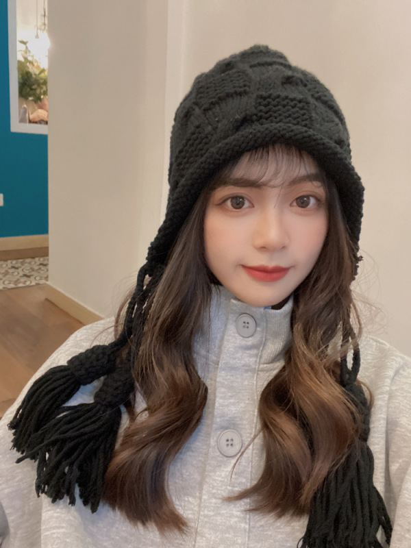 新年红色帽子女秋冬保暖毛线流苏套头帽手工针织护耳帽日系ins|undefined