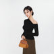 Advanced Niche Design Black Slant Shoulder Knitwear Women's Outer Wear Spring and Autumn Slim-fit Slimming Inner Base Shirt Top