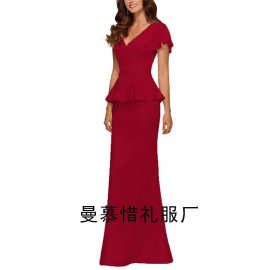 欧美跨境女士优雅针织缎面无袖脱肩胸衣长款正式派对晚礼服外贸时