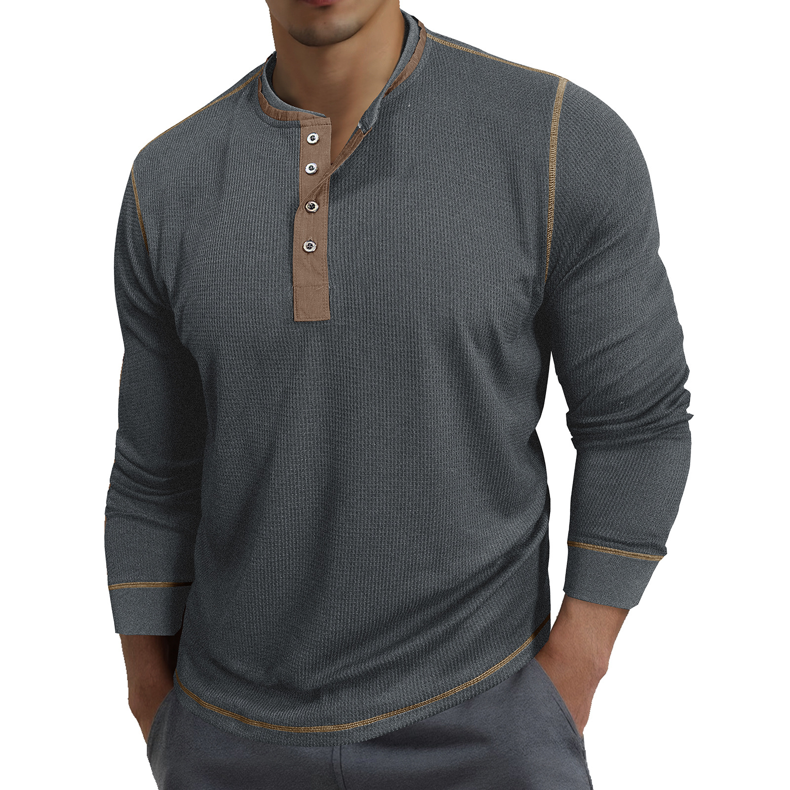 K Men's Round Neck Contrasting Long Sleeved Polo Shirt T-shirt Sweatshirt Retro Base Henley Collar Top_viptrois.com