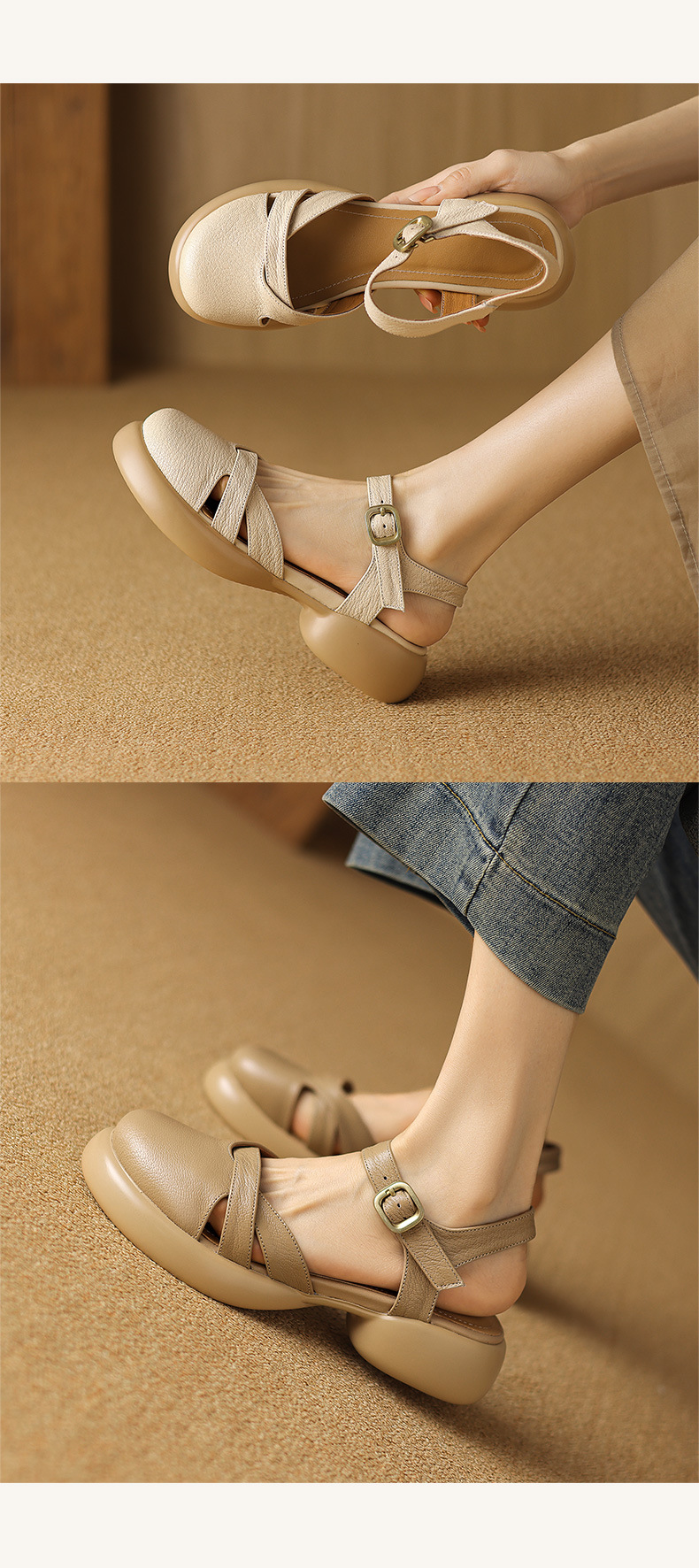 Sandal nữ quai ngang hở lưng mũi tròn đế dày da thấp — Màu trắng be chi tiết 8