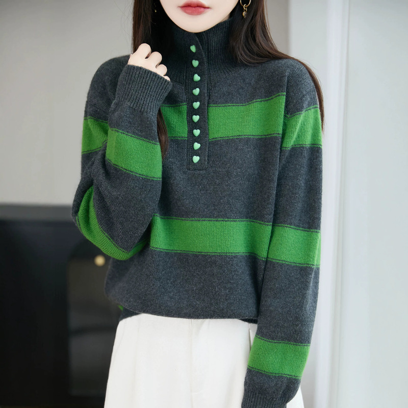 Vintage Striped Half-Turtleneck Sweater for Women, 2026 Autumn/Winter, Half-Open Collar, Thickened, Warm, Knitted Base Sweater Vintage Striped Half-Turtleneck Sweater for Women, 2026 Autumn/Winter, Half-Open Collar, Thickened, Warm, Knitted Base Sweater