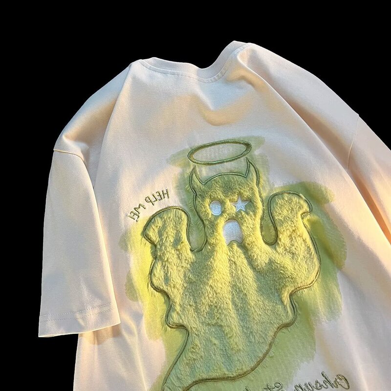 2025 Retro Stereo Cute Cartoon Ghost Embroidered Short-Sleeved T-Shirt for Men and Women, Summer Versatile Couple Tops 2025 Retro Stereo Cute Cartoon Ghost Embroidered Short-Sleeved T-Shirt for Men and Women, Summer Versatile Couple Tops
