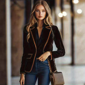 欧美女式西装独立站早春秋季高定撞色职业工作服正装宽松修身上衣