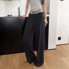al*25秋新款抽绳百搭拼接高腰直筒宽松休闲阔腿显瘦健身运动裤女