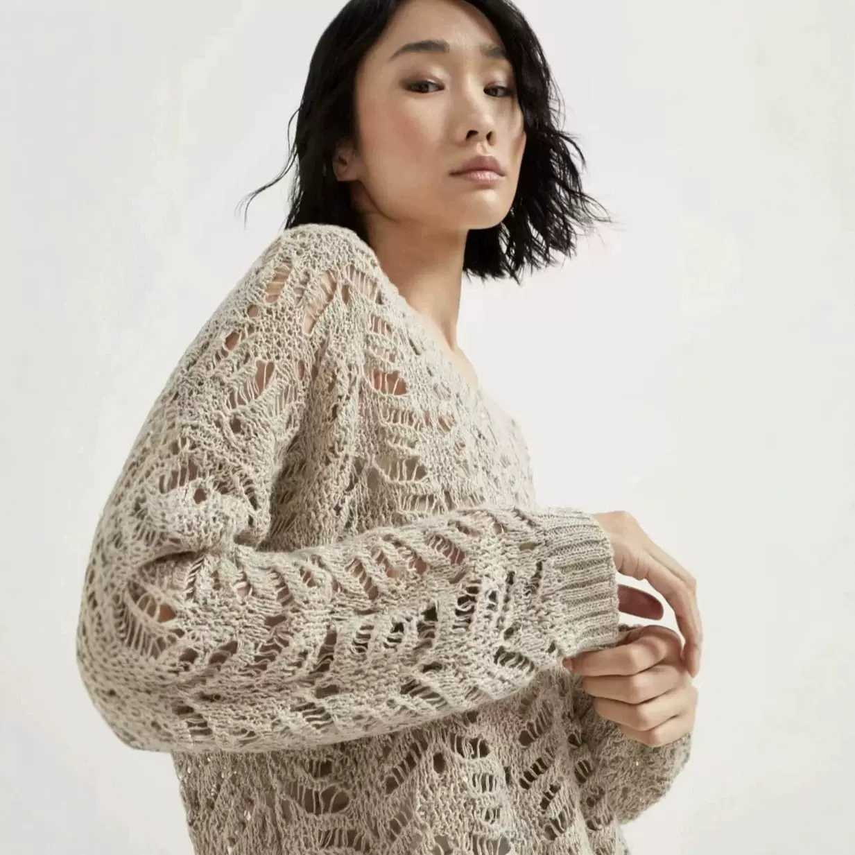 BC同款26春夏新款女士慵懒风亚麻天丝镂空休闲长袖针织衫女上衣