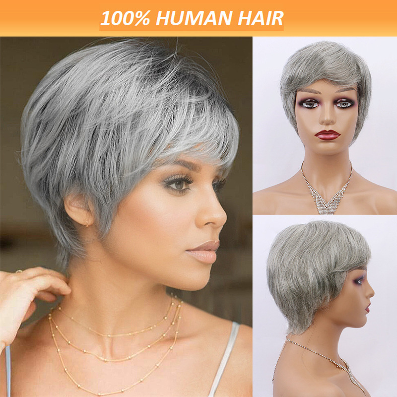Full Head Wig for Women, Dark Gray, Light Gray, Granny Gray, Machine-Made Short Style, No Lace, Cross-Border Manufacturer, Full Bangs