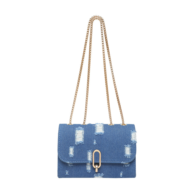 Textura de bolso cuadrado nuevo diseño de agujero de tejido denim de diseño de moda de este año chaîne de mujer mochila
