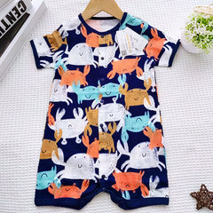 夏季男寶純棉短爬新生兒圓領開扣連體衣純棉卡通螃蟹短袖童裝批發