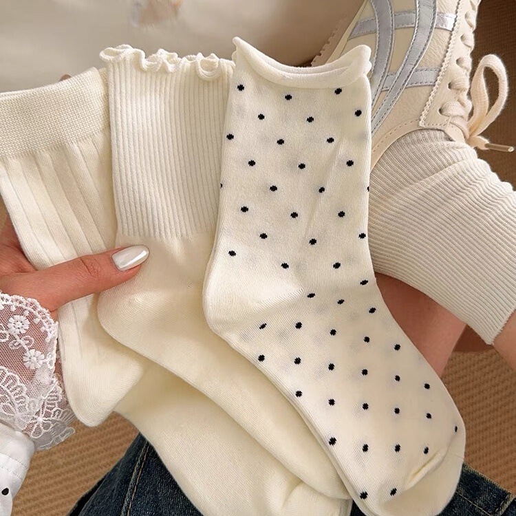 Curled Pointing Socks Children's Summer White Socks Cotton Mid-Tube Socks Polka Dot Students Japanese Spring and Autumn Ins Fashionable Stacked Socks
