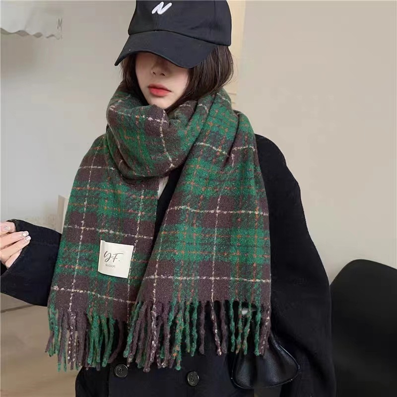 圣诞格子围巾女新款秋冬韩版百搭仿羊绒披肩加厚保暖情侣流苏围脖|undefined