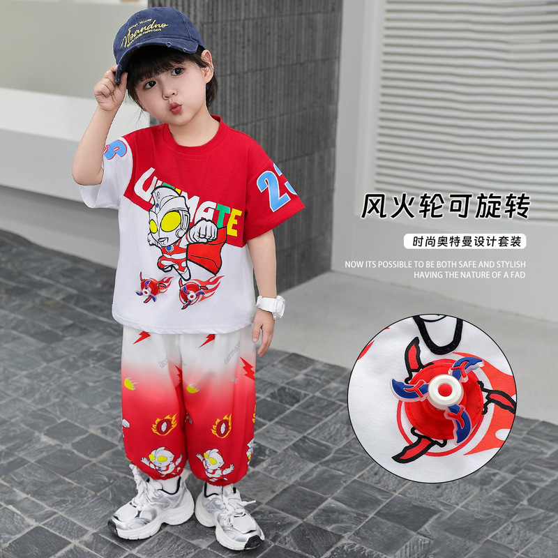 Boys' Summer Ultraman Light-Up Fire Wheel Anti-Mosquito Pants Set 2026 Cartoon Two-Piece Set Huzhou Zhili Children's Clothing