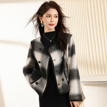 黑白格子双面呢大衣女2025春秋新款高定轻奢小香范羊毛呢外套短款