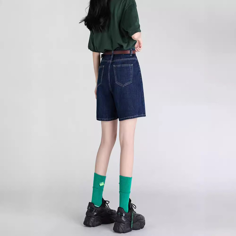 Dark Blue Five-point Pants Women's Summer Thin High Waist A- Line Straight Mid-length Pants Small Wide-leg Denim Shorts Trendy ins Dark Blue Five-point Pants Women's Summer Thin High Waist A- Line Straight Mid-length Pants Small Wide-leg Denim Shorts Trendy ins